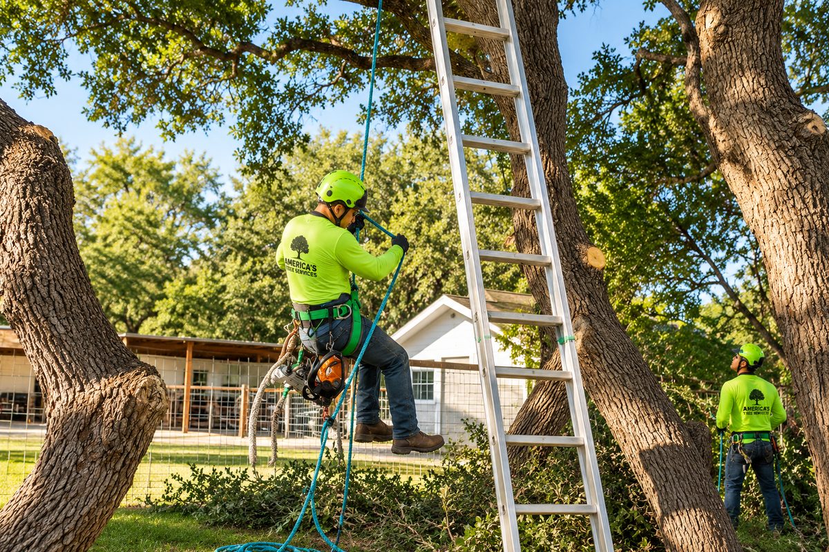 An America's Tree Services crew member working high in a tree canopy