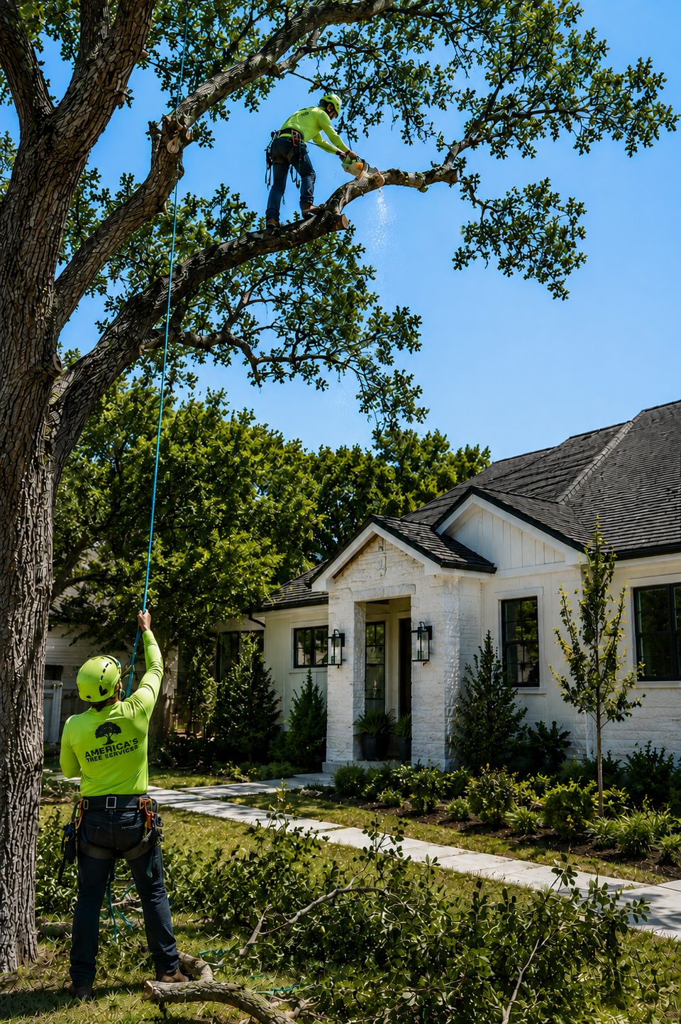 Two America's Tree Services crew members in safety gear working in a large oak tree, one rigging ropes from a ladder and one climbing