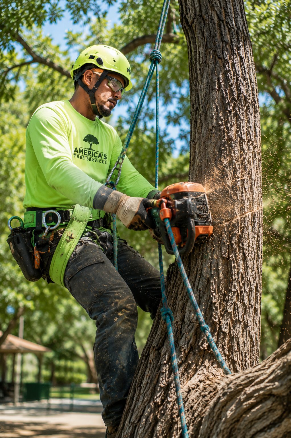 An America's Tree Services climber using a chainsaw to cut into a tree trunk while secured with climbing ropes