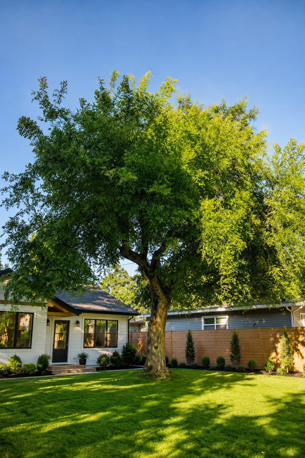 A large mature tree in a manicured residential backyard